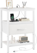 DUMOS Bedside Table with Charging Station and an Adjustable Fabric Drawer, and it is a Compact Nightstand, as Well as a 3-Tier Storage Organizer and an End Table for Bedroom, White