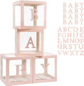 Voircoloria Baby Boxes with 42pcs Letters for Baby Shower Transparent Balloon Boxes Clear Balloon Box Blocks for Boy Girl Gender Reveal Party and Birthday Party (Pink)