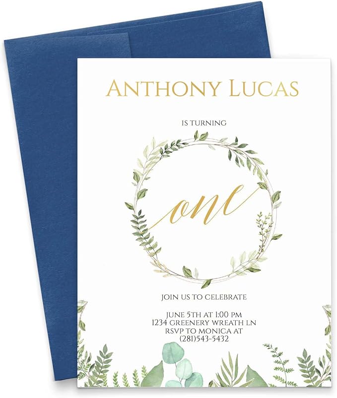Modern Pink Paper Greenery Birthday Invitation for Boys or Girls, Greenery Invitations for Kids Party, Your choice of Quantity, Age, Info and Envelope Color