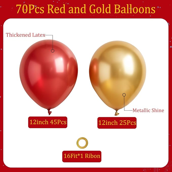 Red and Gold Balloons,70 Pack 12 inch Metallic Gold and Helium Matte Red Balloons for Valentine's Day Wedding Birthday Engagements Anniversary Party Decorations