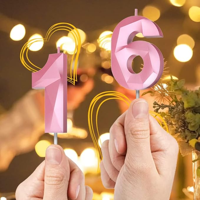 Number Birthday Candles(1 Candle Pink) 3D Diamond Shape 1st Happy Birthday Cake Topper Decorations for Girl Women Birthday Wedding Anniversary Celebration Theme Party Supplies