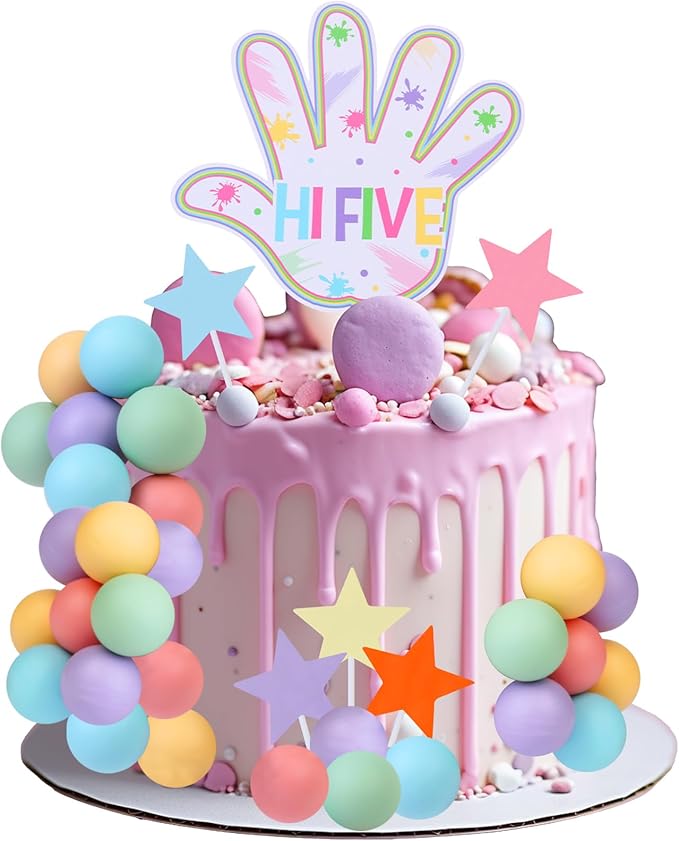 Macaron Theme Hi Five Birthday Cake Decorations 26Pieces - Pastel Ball Star Hand Dessert Picks 5th Birthday Cake Cupcake Toppers, 5 Year Old Birthday Party Supplies
