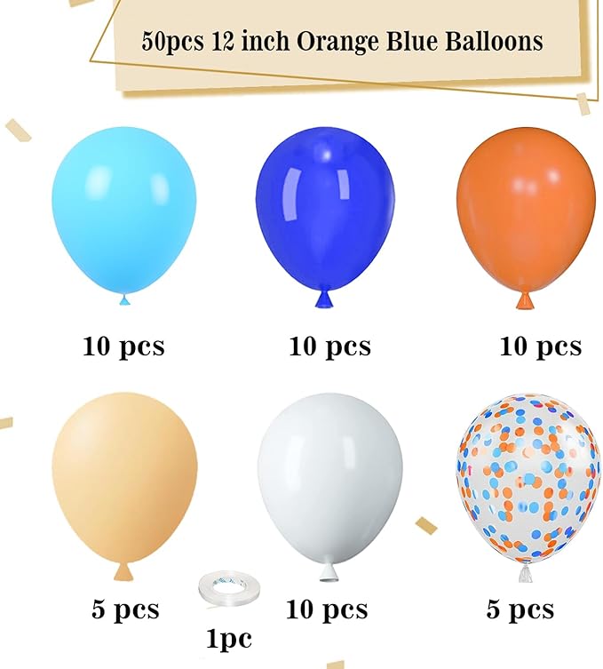 Blue and Orange Balloons, 50pcs 12 inch Orange White Nude Blue Balloons for Kids Space Theme Party Supplies Birthday Baby Shower Party Decorations