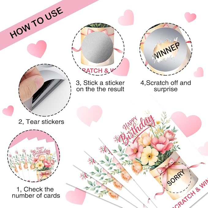 50 Pcs Happy Birthday Scratch off Game Cards, Floral Scratch Cards for Celebration Parties, Birthday Party Supplies for Flower Lovers, Lottery Group Games Activity Raffle Tickets