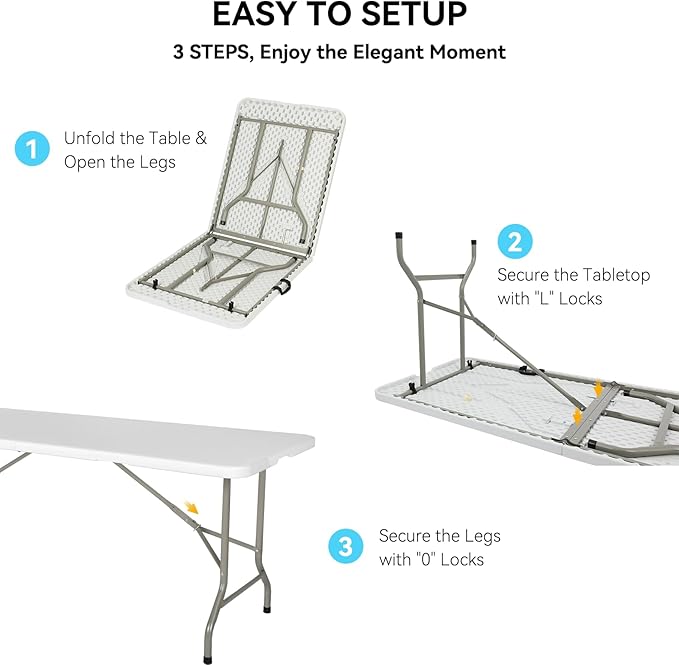 80 Pack of 6 Foot Foldable Table with Built in Handle & Steel Legs ,Heavy Duty Portable ,Perfect for Party, Dining, Wedding, Events, Picnic Indoor, Outdoor, Camping, Utility, Folding(white-80pac)