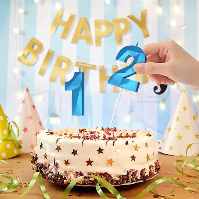 Number Birthday Candles(1 Candle Blue) 3D Diamond Shape Number Happy Birthday Cake Candles for Birthday Party Wedding Decoration Reunions Theme Party