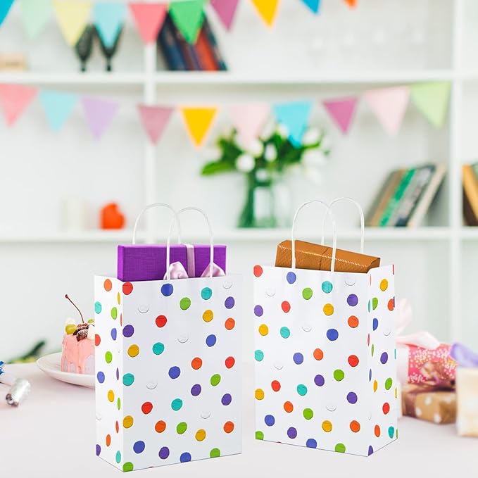 BLEWINDZ 32Pcs Rainbow Small Gift Bags Bulk with 32Pcs Tissue Paper - Colorful Polka Dots Goodie Bags with Handles for Party Favors, Kids Birthday, Baby Shower, Wedding, Shoppings