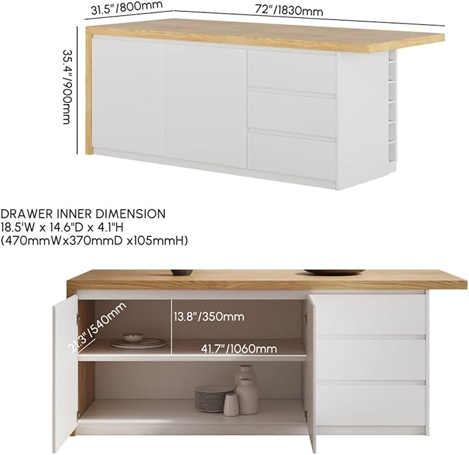 homary Kitchen Island with Storage & Wine Rack, 72" Modern Natural Kitchen Cabinet with Wood Top, Large Fixed Island with 3 Drawers & 6 Adjustable Shelves, Without Bar Stools