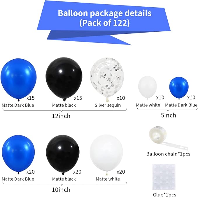 Royal Blue Black Silver White Balloon Arch Garland - Blue, Black, White Metallic Silver Confetti Balloons Video Game Balloon for Birthday Graduation 2026 Prom Party Decorations