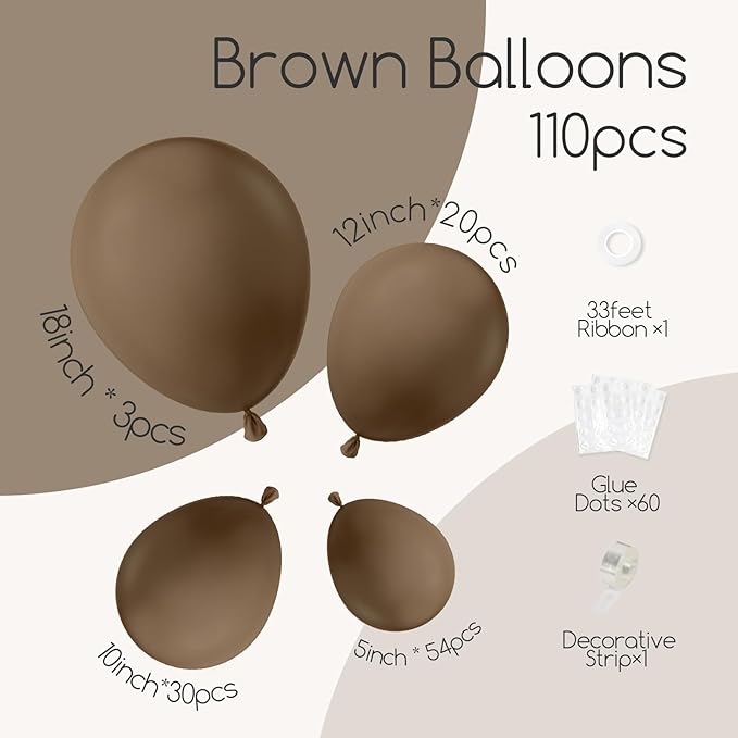 Awenztech 110pcs Brown Balloons, 18 12 10 5 inch Brown Balloons Different Sizes Balloon Garland for Netural Baby Shower Woodland Jungle Safari Birthday Party Decorations