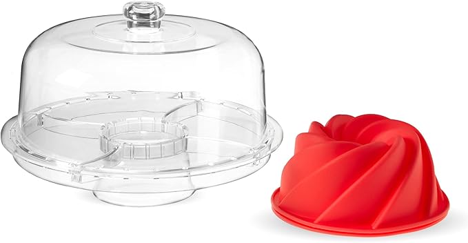 Twine Multi-Functional Acrylic Server with Bundt Cake Mold, Dessert Serving Platter Set, Cake Pan, Cake Stand, Clear Acrylic, Silicone, 4-Piece Set