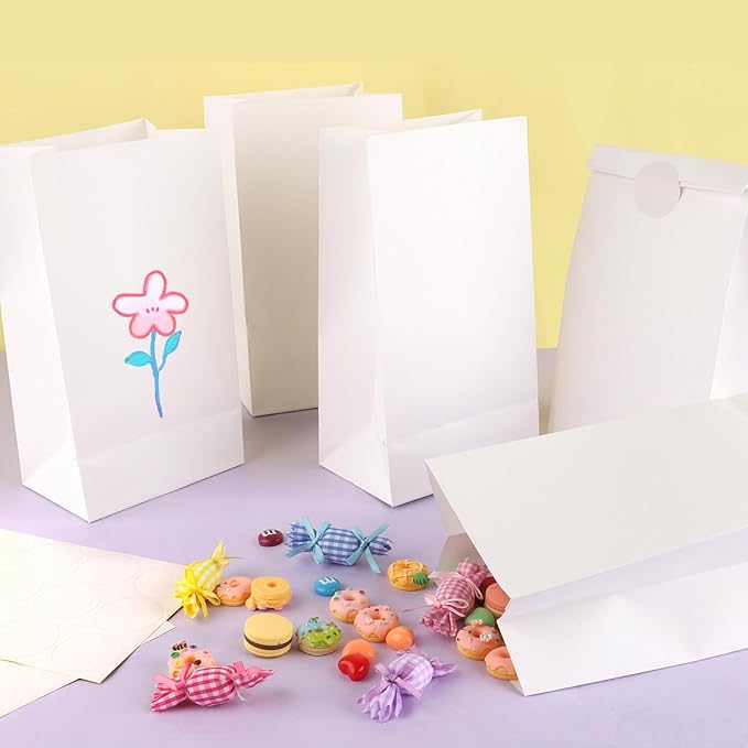 Fowecelt 12LB White Paper Lunch Bags with Stickers Goodie Candy Snack Treat Paper Gift Bag Kraft Lunch Bags for Homemade Food Packing Storage Small Business (24 Pack)