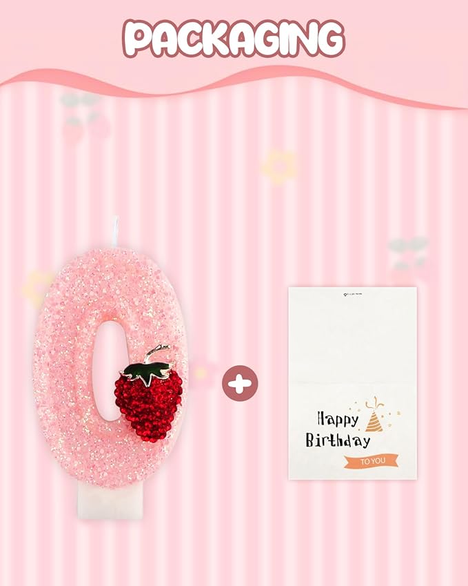 Birthday Candles for Cake, Pink Number Candles, Cake Candles with Greeting Card for Birthday Party Wedding Anniversary Celebrations (Strawberry 0 Candle)