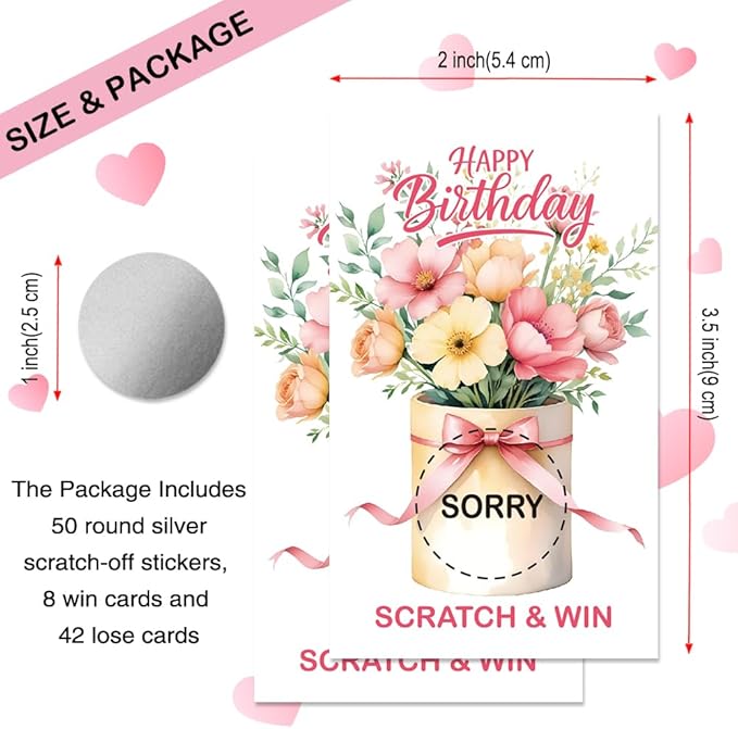 50 Pcs Happy Birthday Scratch off Game Cards, Floral Scratch Cards for Celebration Parties, Birthday Party Supplies for Flower Lovers, Lottery Group Games Activity Raffle Tickets