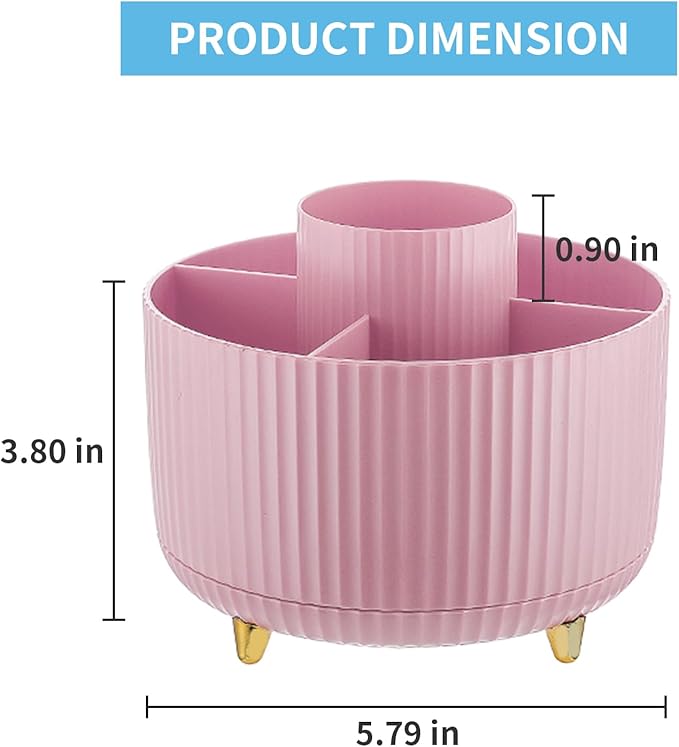 Marbrasse Desk Organizer, 360-Degree Rotating Pen Holder, Desk Organizers and Accessories with 5 Compartments Pencil Organizer, Art Supply Storage Box Caddy for Office, Home(Pink)
