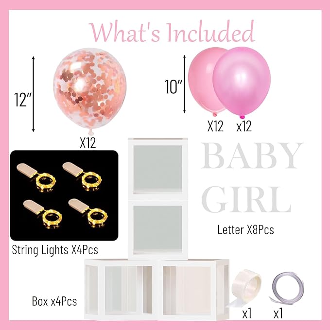 Baby Girl Balloon Boxes 4pcs Clear Baby Blocks With Letters 4 Pack Led Fairy String Lights And 36pcs Balloons For Princess, Bunny And Berry Sweet Baby Shower Pink Fairy Shower Decorations