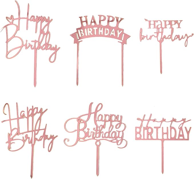 Rose Gold Cake Topper, 6pcs Acrylic Cake Toppers for Birthday Decorations