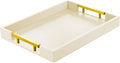 ATZYmolin Leather Serving Tray with Gold Polished Metal Handles, Home Decorative Wooden Rectangle Ottoman Decor Platter Bathroom Vanity Tray for All Occasions Cream
