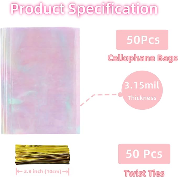 Cellophane Treat Bags with Twist Ties 50 Pack Plastic Pet Birthday Party Favor Supplies for Dog Cat Treats Candy Small Gifts DIY Craft Food Storage Packaging (6.1x12 inch)
