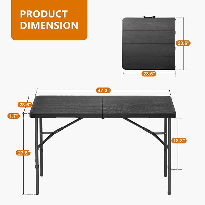 4 Ft Plastic Folding Table,Heavy Duty Portable Table for Indoor & Outdoor,Wood Grain Desktop & 350lbs Weight Capacity,Premium Solutions for Camping,Picnic,BBQ and Party