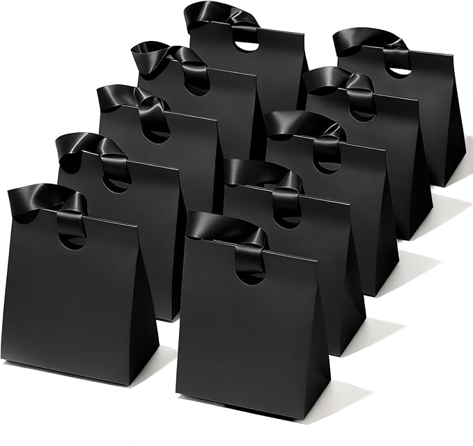 Vitalizart Paper Gift Bags With Ribbon Handles Set of 10 Black Bulk Reusable For Gift Wrap Girls Kids Birthday Bridal Shower Party Favors Goodie Bags Candy Christmas 5.91"x3.54"x7.28" Small