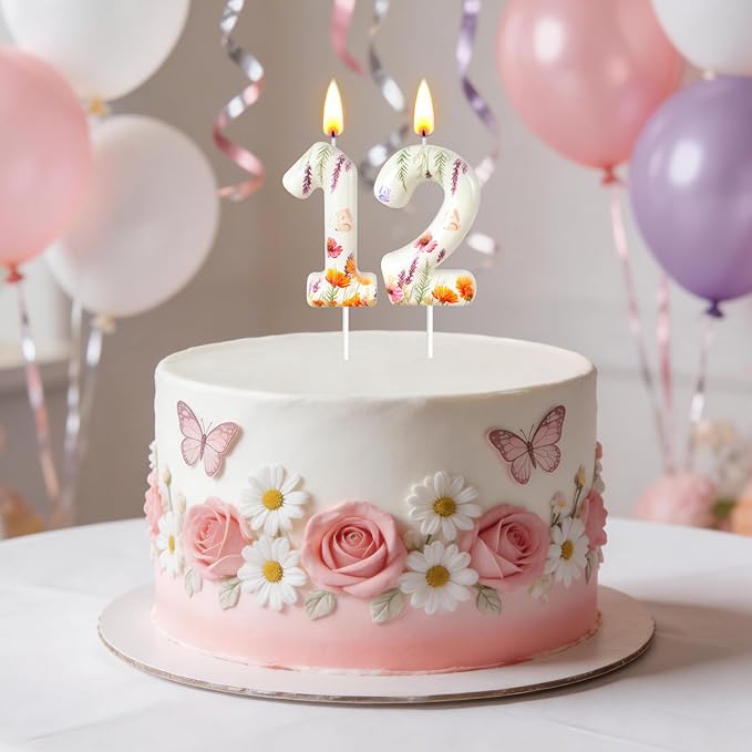 Number 2 Birthday Candle for Cake – Floral Botanical Design with Butterfly Detail – Elegant Cake Topper for Birthday, Garden Party Decoration