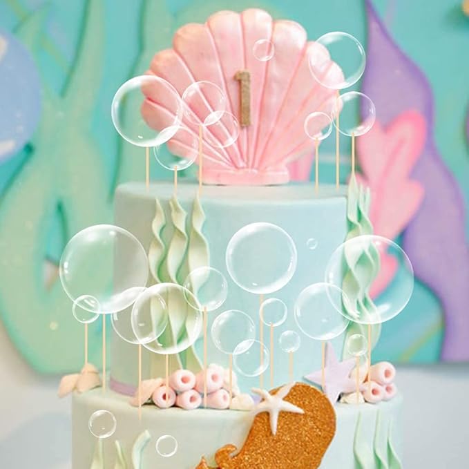 54Pcs Clear Flat Bubble Cake Decorations For Under Sea Party Favors Children's Party Supplies Ocean Baby Shower Mermaid Bubble Cupcake Toppers