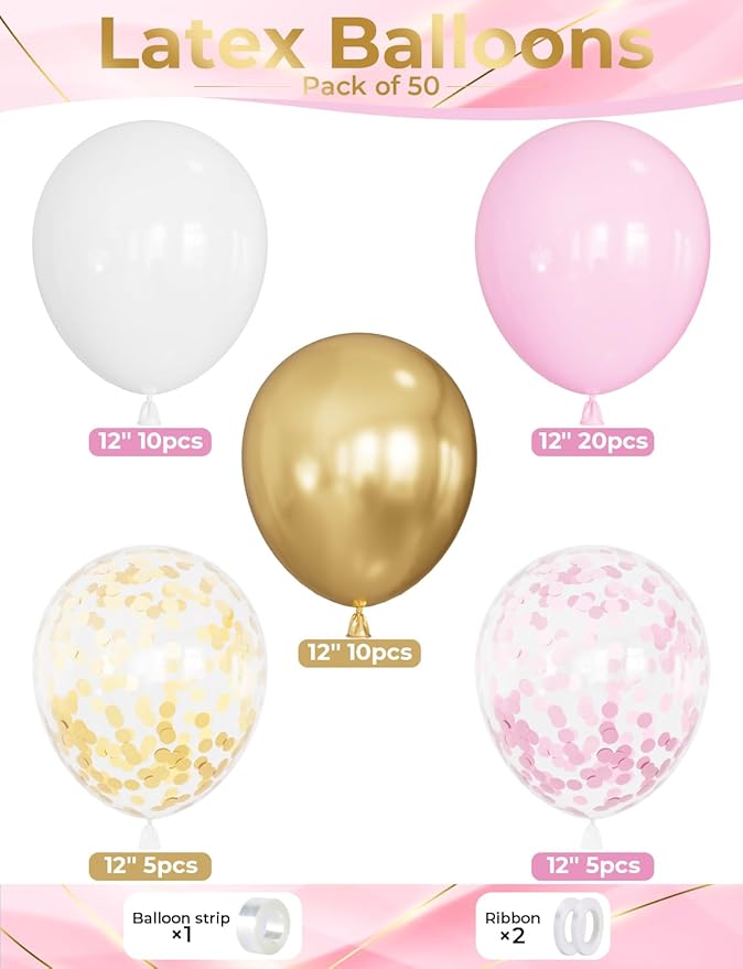 Pink and Gold Balloons Set - 12 Inch Light Pink White Balloons Shiny Metallic Gold Balloon Glitter Confetti Latex Balloon for Girl Women Princess Baby Shower Birthday Wedding Party Decorations