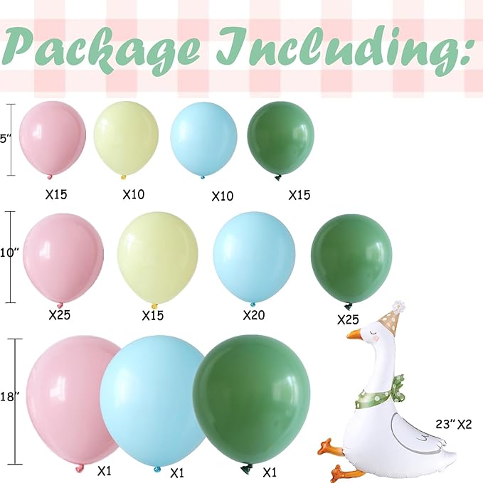 Goose Party Decorations 140pcs Sage Green Pastel Macoron Pink Blue Yellow Balloons with Goose Foil Balloons for Spring Baby Shower Gender Reveal One Silly Goose Birthday Party Supplies