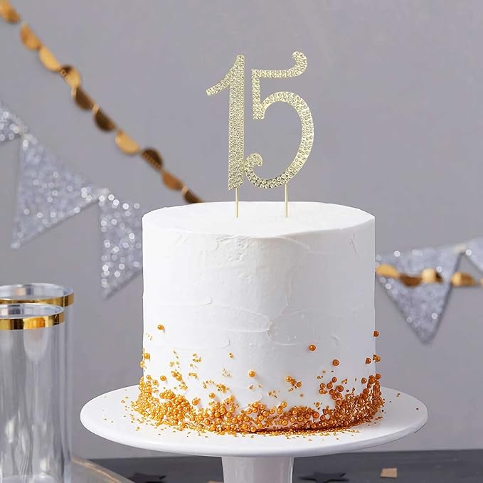 JANOU 15 Cake Topper Number 15 Crystal Rhinestones 15th Cake Decoration for Birthday Anniversary Party Decoratio (Gold)