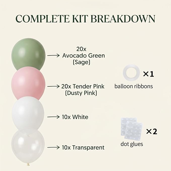 60pcs Sage Green Pink Balloon Kit,12 Inch Boho Olive Green Light Pink White Clear Latex Balloons for Baby Shower Wedding Birthday Garden Party Decorations (Ribbon & Glues)