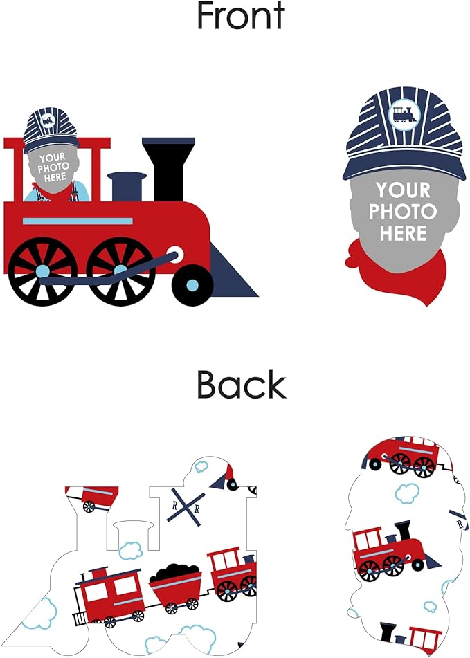 Big Dot of Happiness Custom Photo Railroad Party Crossing - Steam Train Birthday Party or Baby Shower Dessert Cupcake Toppers - Fun Face Clear Treat Picks - Set of 24