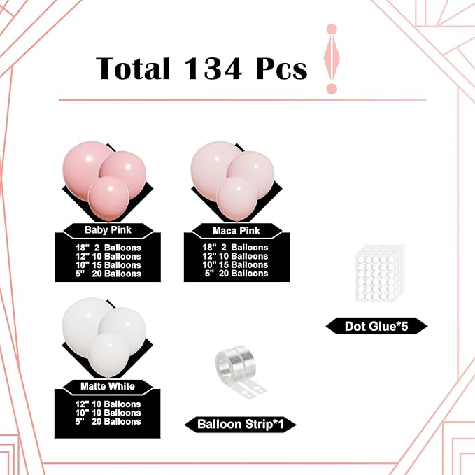 Lukiituke Light Pink Balloon Arch Kit, 134Pcs Pink and White Balloons, Light Pink Balloons with 4 Sizes for Wedding Bridal Baby Shower Birthday Party Decorations