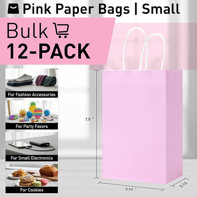 SUNCOLOR 12-Pack Pink Gift Bags with Handles, 7.9x5.12x3.15 Inches Kraft Paper Party Favor Bags for Baby Showers, Birthdays, Weddings