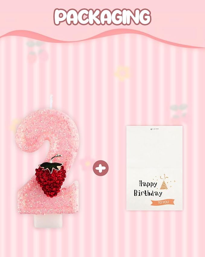 Birthday Candles for Cake, Pink Number Candles, Cake Candles with Greeting Card for Birthday Party Wedding Anniversary Celebrations (Strawberry 2 Candle)