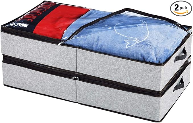 HOONEX Under Bed Storage Containers Zippered Clear Top Lid, Outer Linen Fabric, Reinforced Frame and Sturdy Bottom, 2 Leather Carrying Handles, 2 Pack, Grey