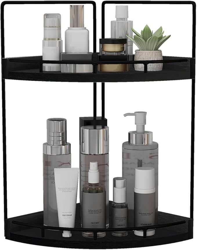 Dorhors 2-Tier Bathroom Counter Organizer,Vanity Counter Corner Shelf, Skincare, Wood Countertop Bathroom Storage and Organization for Kitchen (Black)