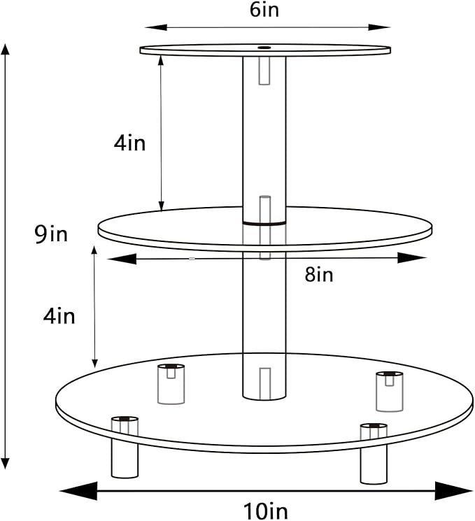 3 Tier Acrylic Cupcake Stand (6", 8", 10") with 4" Spacing - Clear Dessert Tower with Solid Rods - Stable Cake Display for Smash Cakes, Weddings & Party Decor (Clear)