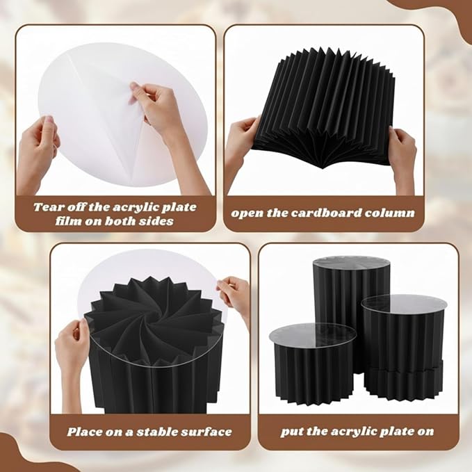 Capoda 5 Pieces Buffet Risers - 12" Cylinder Party Stands with Acrylic Plates Foldable Food Display Risers for Dessert Jewelry Cupcake Catering Supplies Wedding Birthday Party Table Decoration(Black)