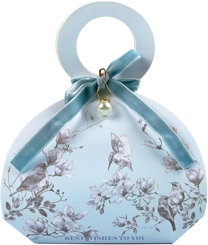20 PCS Small Gift Boxes, Flower & Bird Party Favor Boxes Goodie Bags with Handle, Velvet Bow, Pearl Pendant for Wedding Anniverary Valentine's Day Birthday Party Presents 4"x5.1"x1.4"(Mist Blue)