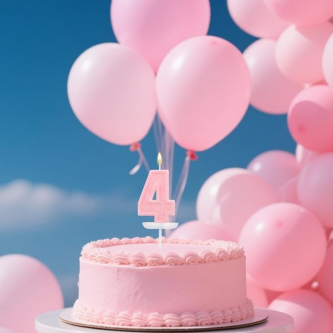Pink Number Birthday Candles, Romantic Cake Glitter Pink Number Candles Anniversary Cake Topper Decoration Cute Birthday Party Supplies for Wedding Anniversary Celebration Supplies (4)