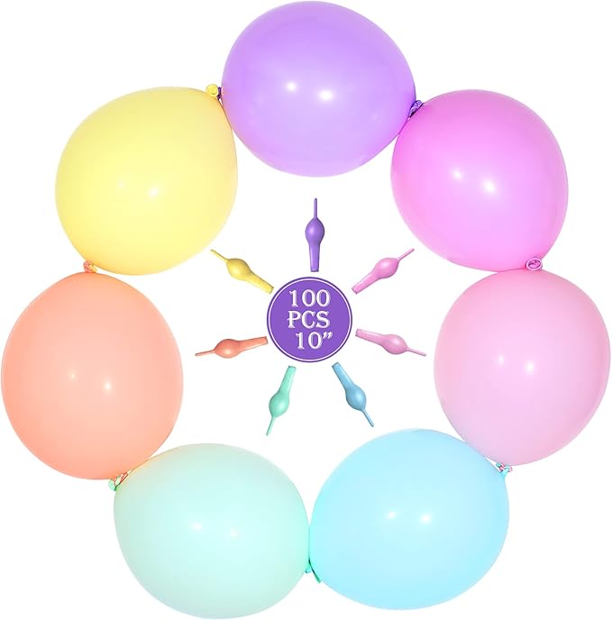 Sumind 100 Pcs Colorful Link Balloons 10 Inch Macaron Latex Link Balloons Pastel Needle Tail Decor for Making Balloon Wall Arch Chains, Birthday, Gender Reveal, First Communion, Wedding Party Decor