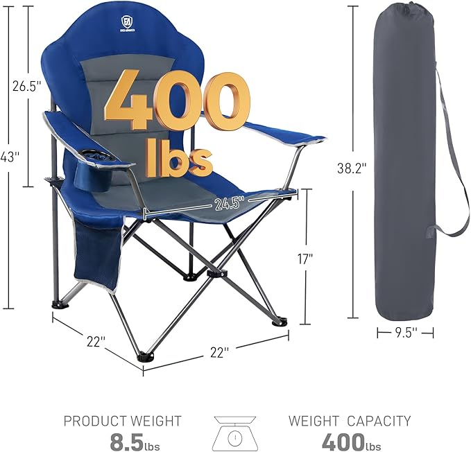 EVER ADVANCED High Back Folding Camping Chair Oversized and Fully Padded, Portable Quad Camp Lawn Chair Up to 300 lbs, with Cup Holder Armrest Carrying Bag