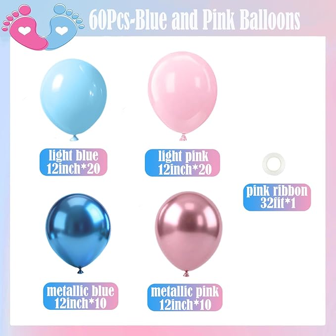 Gender Reveal Balloons,Pink and Blue Balloons Set,60Pcs 12 Inch Metallic Pink and Metallic Blue Balloon for Baby Shower Birthday Party Boy or Girl Gender Reveal Decorations