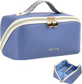 Prite Makeup Bag for Women Travel Waterproof Vegan Leather Cosmetic Bag Open Flat Toiletry Bag With Clear Divider and Handle (Blue, Medium)