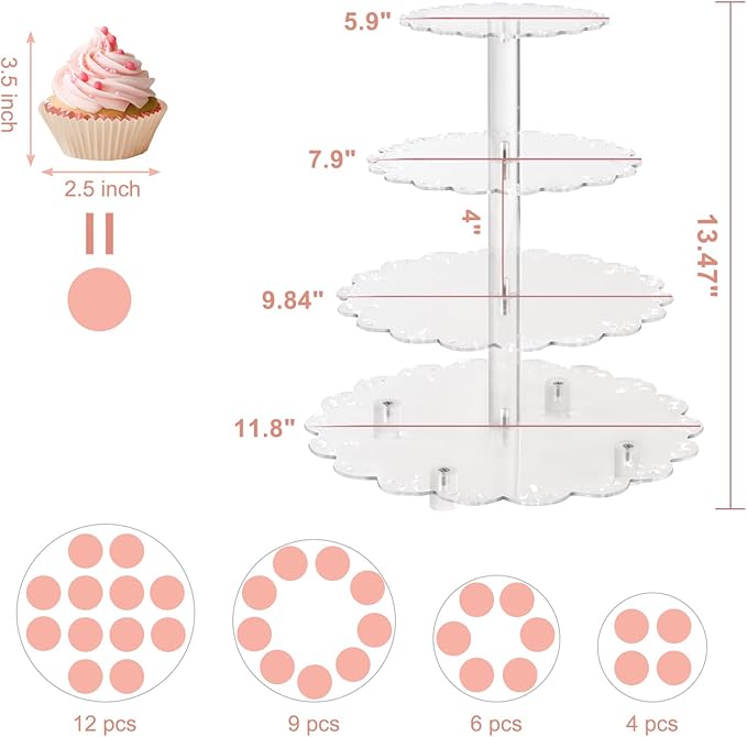 Gowing 4 Tier Cupcake Stand, Floral Decoration Cupcake Display Stand with Base, Acrylic Clear Tiered Dessert Stands for Party