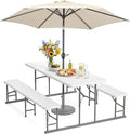 VINGLI Folding Picnic Table and Bench Set with Umbrella, Portable Outdoor Dining Furniture for Camping, Patio, Backyard, Wood Grain Plastic Top with Metal Frame