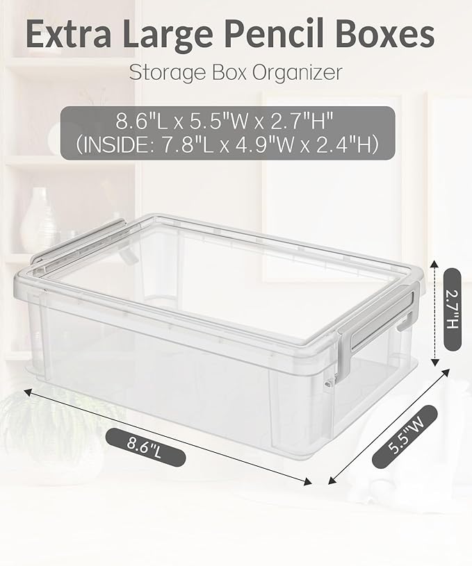 Sooez 6 Pack Extra Large Pencil Box, Plastic Pencil Case Crayon Box, Clear Marker Organizer Plastic Containers with Lid, Stackable Storage Boxes for Art Craft,Pen,Back to School Teacher Supplies, Grey