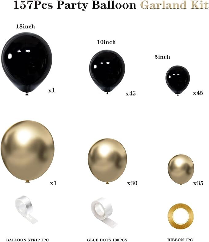 155pcs Black Gold Balloon Garland Arch Kit, Black and Gold Latex Balloons for Graduation Birthday Party Decorations