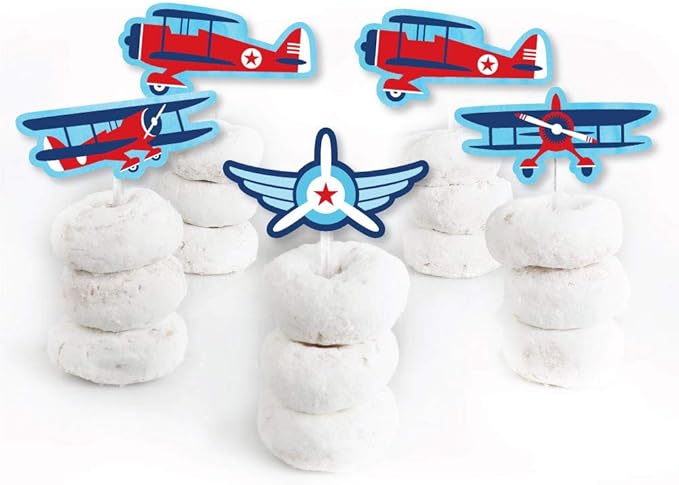 Big Dot of Happiness Taking Flight - Airplane - Dessert Cupcake Toppers - Vintage Plane Baby Shower, Birthday Party Clear Treat Picks - Set of 24